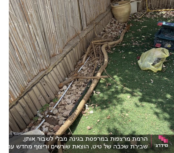 גזעי ענפים שנגזמו וצינור בערוגת חצץ לצד דשא סינתטי בחצר